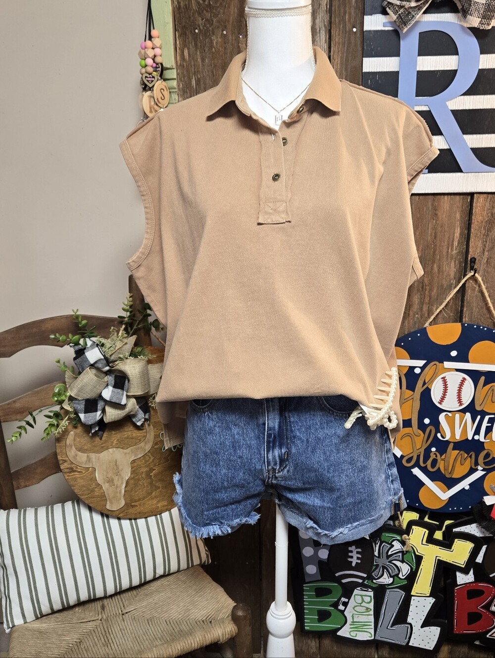 Sew In Love-Sleeveless Polo Tank Top in Hazelnut